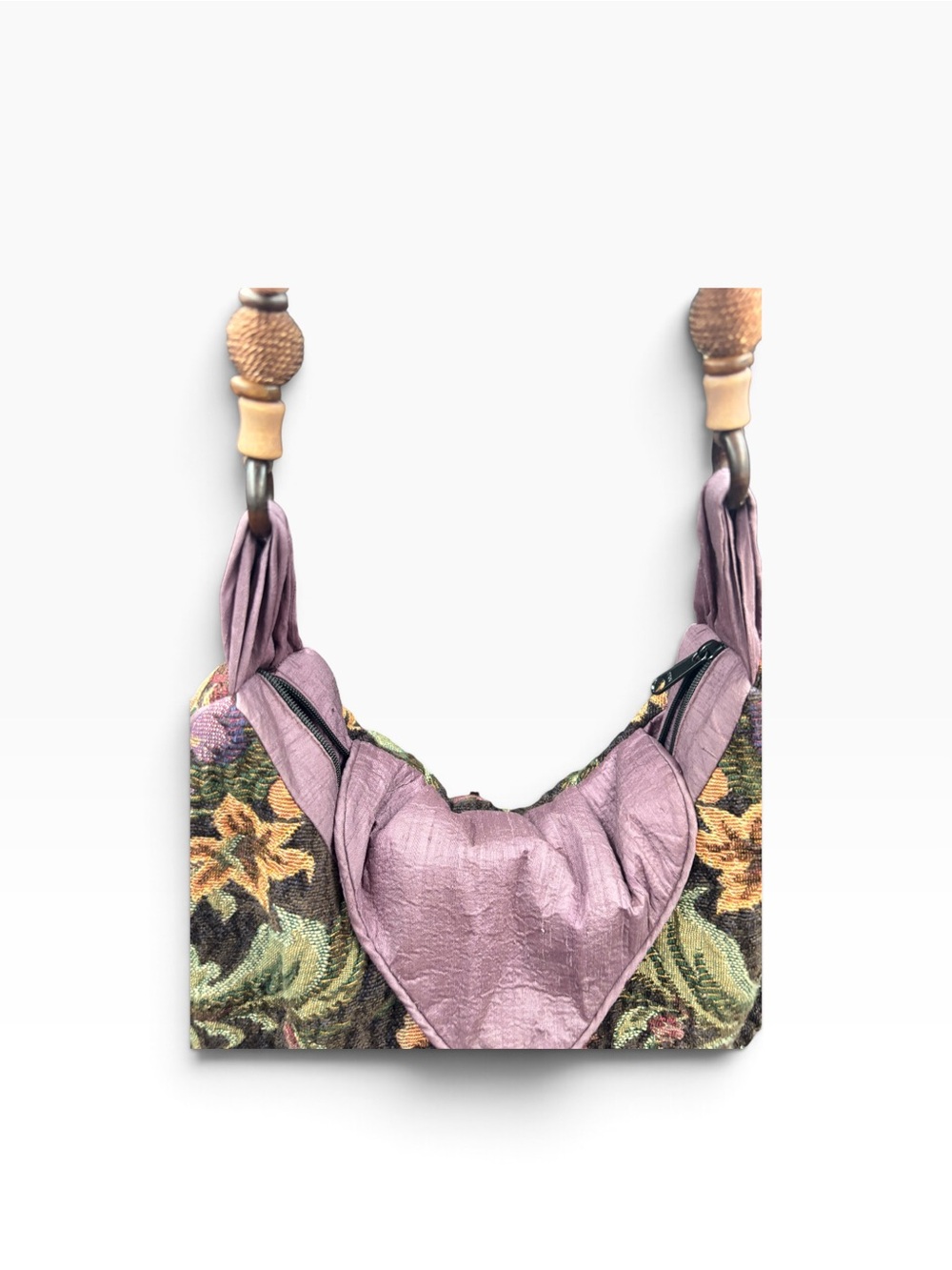 Floral Tapestry Hobo Shoulder Bag Beaded Strap Mauve Boho 17x15 - Picture 8 of 15